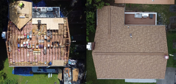 Aerial before-and-after view of a roof replacement on a Severn MD home by Prime Roofing & Siding