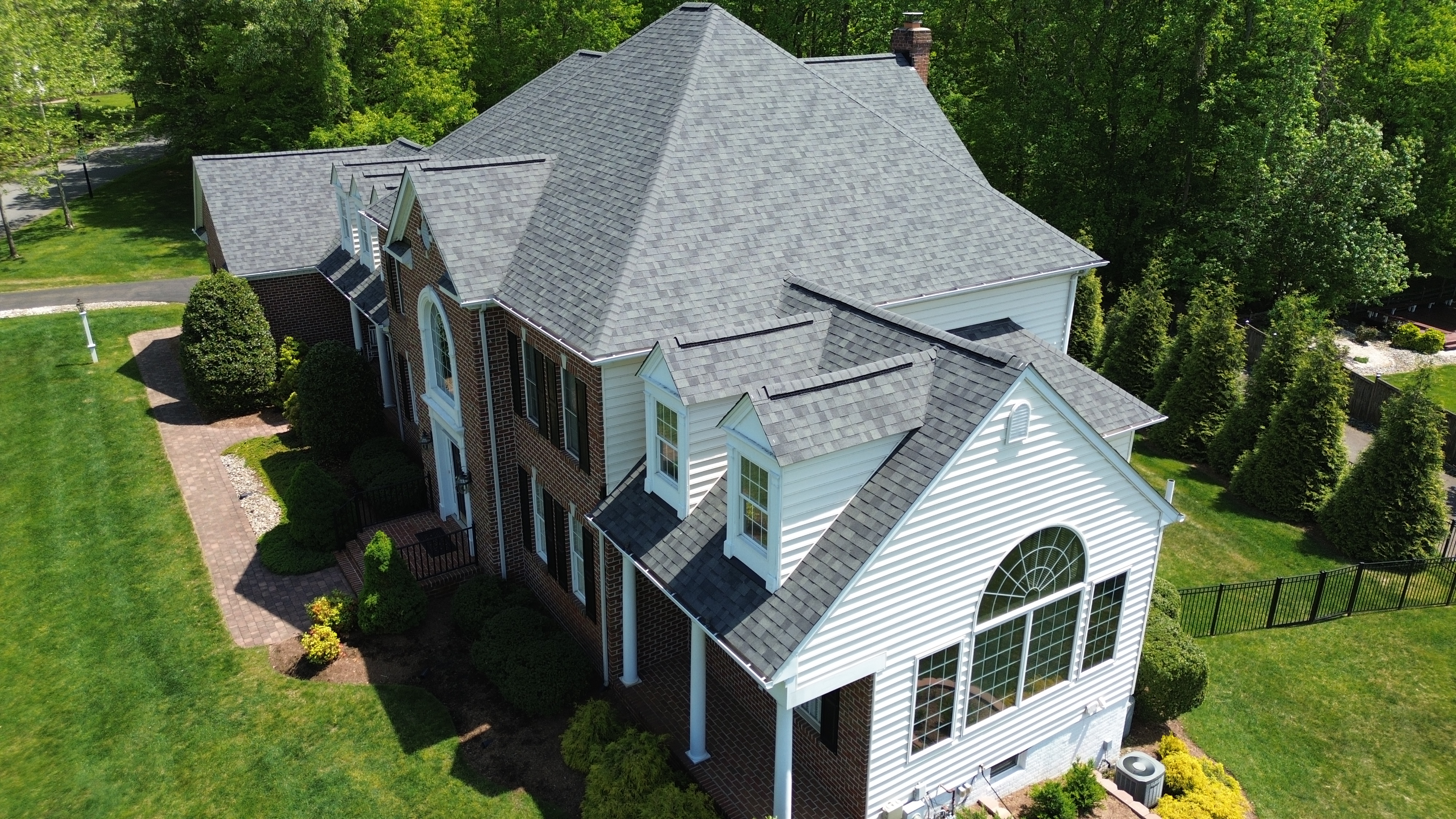 Aerial view of finished roof replacement on a Millersville MD home by Prime Roofing & Siding
